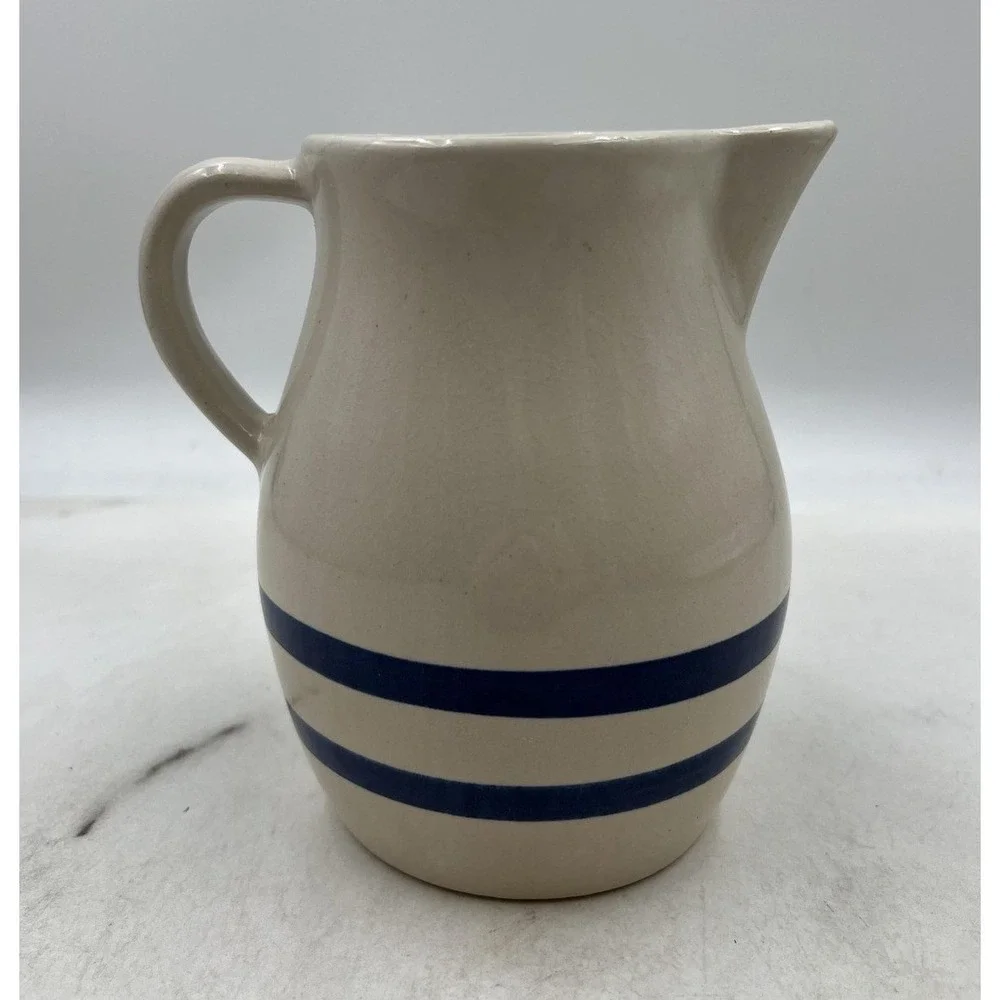 VTG Robinson Ransbottom Pitcher Blue Stripe Stoneware 1 Qt Roseville Ohio USA